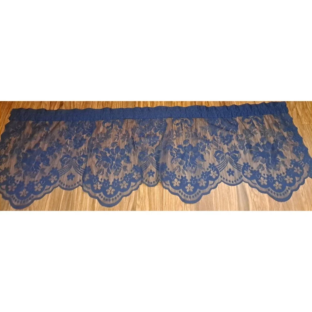 Vintage Blue Lace Valance Floral Bows Country Cottage Victorian Gothic 56x18
